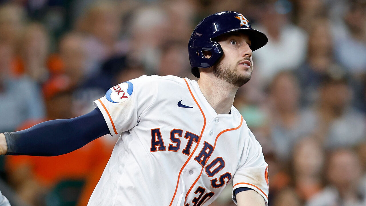 HOUSTON, TEXAS - APRIL 01: Kyle Tucker #30 of the Houston Astros hits an RBI single in the seventh inning against the Chicago White Sox at Minute Maid Park on April 01, 2023 in Houston, Texas.