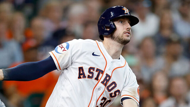 HOUSTON, TEXAS - APRIL 01: Kyle Tucker #30 of the Houston Astros hits an RBI single in the seventh inning against the Chicago White Sox at Minute Maid Park on April 01, 2023 in Houston, Texas.