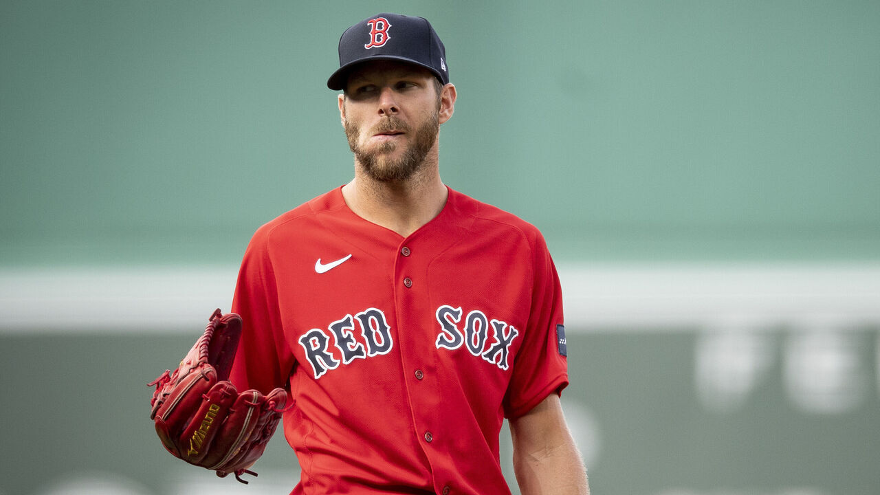BOSTON, MA - APRIL 1: Chris Sale #41 of the Boston Red Sox reacts during the first inning of a game against the Baltimore Orioles on April 1, 2023 at Fenway Park in Boston, Massachusetts.