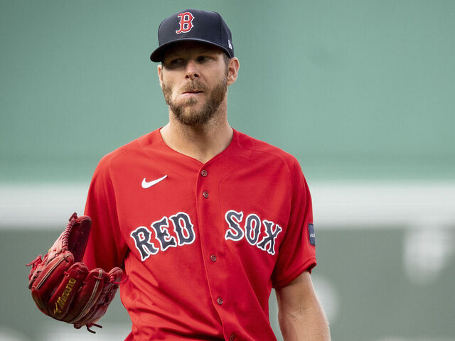 BOSTON, MA - APRIL 1: Chris Sale #41 of the Boston Red Sox reacts during the first inning of a game against the Baltimore Orioles on April 1, 2023 at Fenway Park in Boston, Massachusetts.