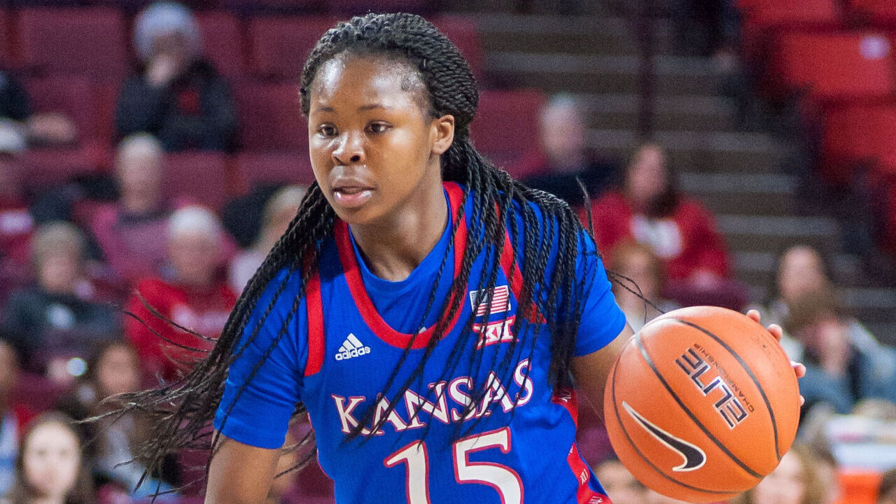 NORMAN, OK - FEBRUARY 26: Kansas (15) Zakiyah Franklin looks for her next move versus Oklahoma during a women's college basketball game between the Kansas Jayhawks and the Oklahoma Sooners on February 26, 2020, at the Lloyd Noble Center in Norman, Oklahoma