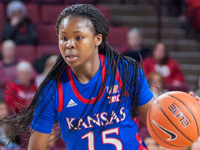 NORMAN, OK - FEBRUARY 26: Kansas (15) Zakiyah Franklin looks for her next move versus Oklahoma during a women's college basketball game between the Kansas Jayhawks and the Oklahoma Sooners on February 26, 2020, at the Lloyd Noble Center in Norman, Oklahoma