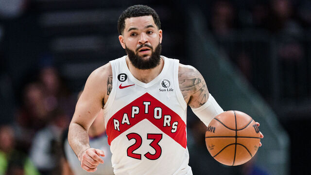 CHARLOTTE, NORTH CAROLINA - APRIL 02: Fred VanVleet #23 of the Toronto Raptors brings the ball up court in the third quarter against the Charlotte Hornets during their game at Spectrum Center on April 02, 2023 in Charlotte, North Carolina.
