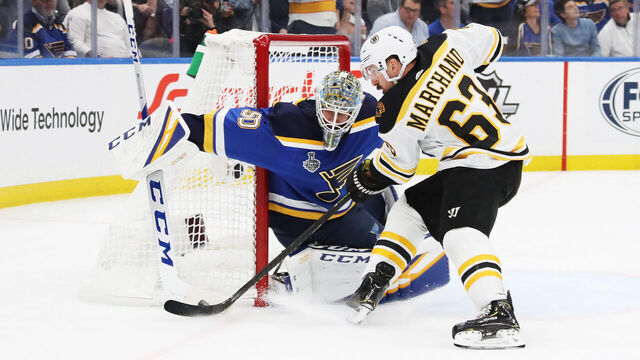 ST LOUIS, MISSOURI - JUNE 03: Jordan Binnington #50 of the St. Louis Blues makes a save against Brad Marchand #63 of the Boston Bruins in Game Four of the 2019 NHL Stanley Cup Final at Enterprise Center on June 03, 2019 in St Louis, Missouri.
