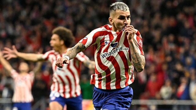 Atletico Madrid's Argentinian forward Angel Correa celebrates after scoring his team's first goal during the Spanish league football match between Club Atletico de Madrid and Real Betis at the Wanda Metropolitano stadium in Madrid on April 2, 2023.