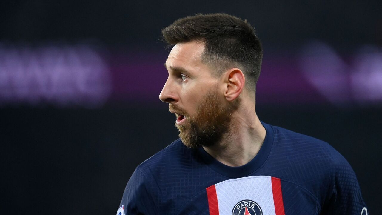 Paris Saint-Germain's Argentine forward Lionel Messi looks on during the French L1 football match between Paris Saint-Germain (PSG) and Olympique Lyonnais (OL) at The Parc des Princes Stadium in Paris on April 2, 2023.