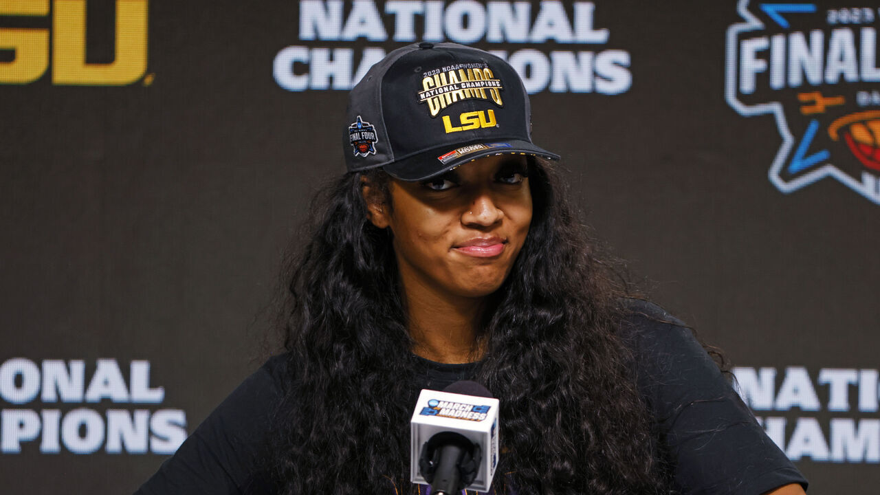 DALLAS, TEXAS - APRIL 02: Angel Reese #10 of the LSU Lady Tigers speaks during a press conference after the LSU Lady Tigers beat the Iowa Hawkeyes 102-85 during the 2023 NCAA Women's Basketball Tournament championship game at American Airlines Center on April 02, 2023 in Dallas, Texas.