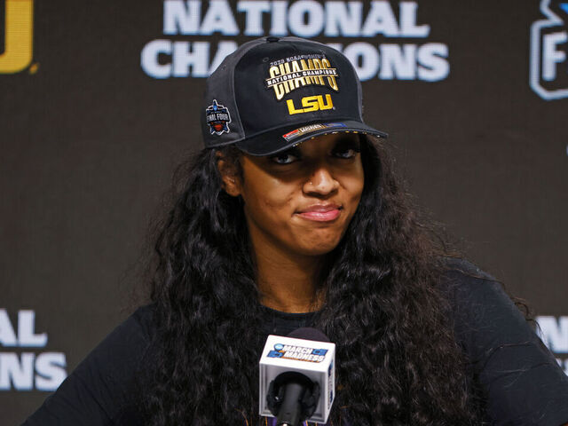 DALLAS, TEXAS - APRIL 02: Angel Reese #10 of the LSU Lady Tigers speaks during a press conference after the LSU Lady Tigers beat the Iowa Hawkeyes 102-85 during the 2023 NCAA Women's Basketball Tournament championship game at American Airlines Center on April 02, 2023 in Dallas, Texas.