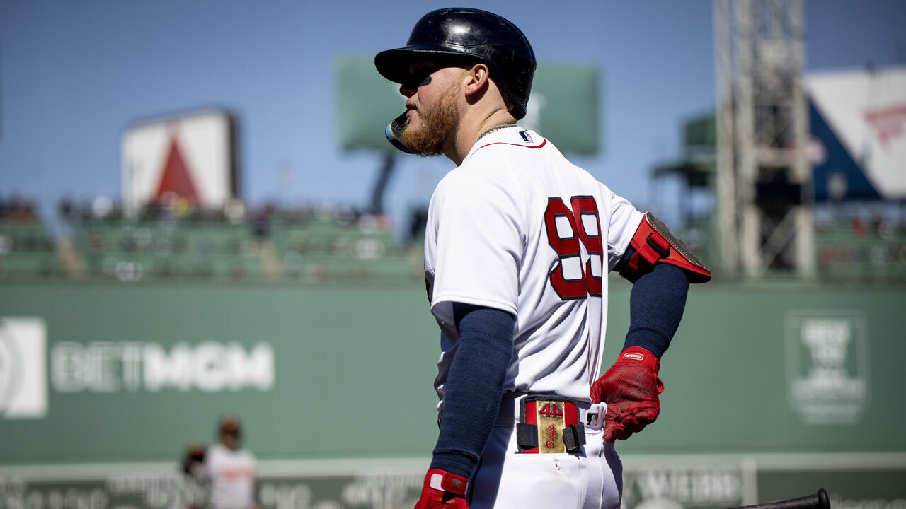BOSTON, MA - APRIL 2: Alex Verdugo #99 of the Boston Red Sox looks on from the on-deck circle during the first inning of a game against the Baltimore Orioles on April 2, 2023 at Fenway Park in Boston, Massachusetts.