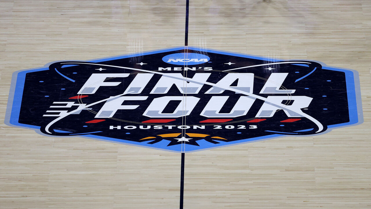 HOUSTON, TEXAS - APRIL 01: A close-up of the Final Four logo at center court during the NCAA Men's Basketball Tournament Final Four semifinal game at NRG Stadium on April 01, 2023 in Houston, Texas.