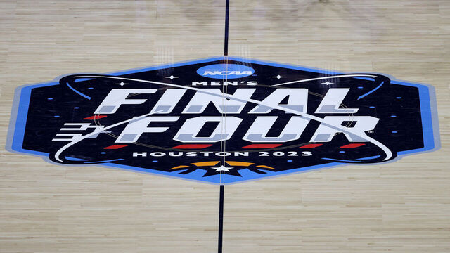 HOUSTON, TEXAS - APRIL 01: A close-up of the Final Four logo at center court during the NCAA Men's Basketball Tournament Final Four semifinal game at NRG Stadium on April 01, 2023 in Houston, Texas.