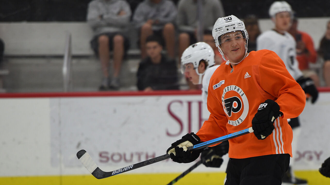 VOORHEES, NJ - JUNE 26: Carson Briere (90) in action at the Flyers Development Camp on June 28, 2019 at the Virtua Center Flyers Skate Zone.