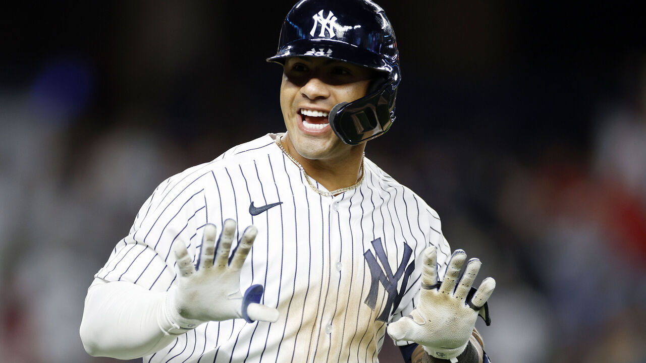 NEW YORK, NEW YORK - APRIL 03: Gleyber Torres #25 of the New York Yankees reacts after hitting a solo home run during the third inning against the Philadelphia Phillies at Yankee Stadium on April 03, 2023 in the Bronx borough of New York City.