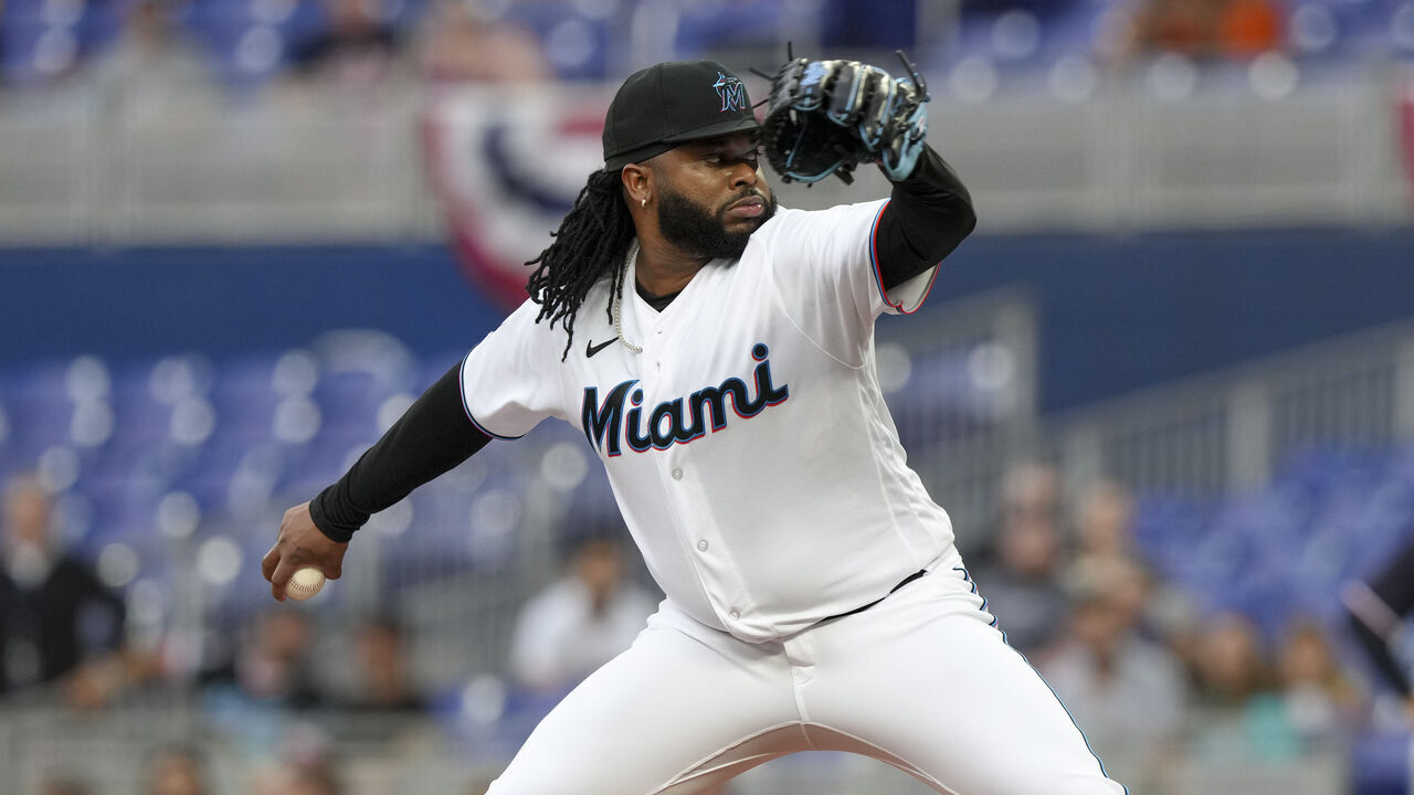 MIAMI, FLORIDA - APRIL 03: Johnny Cueto #47 of the Miami Marlins throws a pitch during the first inning against the Minnesota Twins at loanDepot park on April 03, 2023 in Miami, Florida.