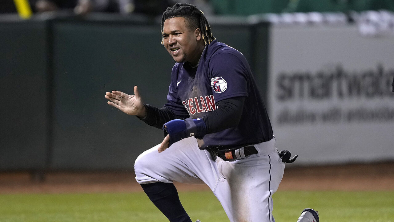 Jose Ramirez of the Cleveland Guardians hits a one-run triple off News  Photo - Getty Images