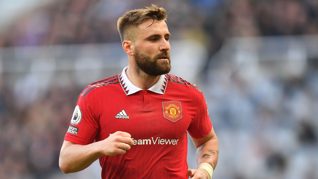 NEWCASTLE UPON TYNE, ENGLAND - APRIL 02: Manchester United's Luke Shaw during the Premier League match between Newcastle United and Manchester United at St. James Park on April 2, 2023 in Newcastle upon Tyne, United Kingdom.