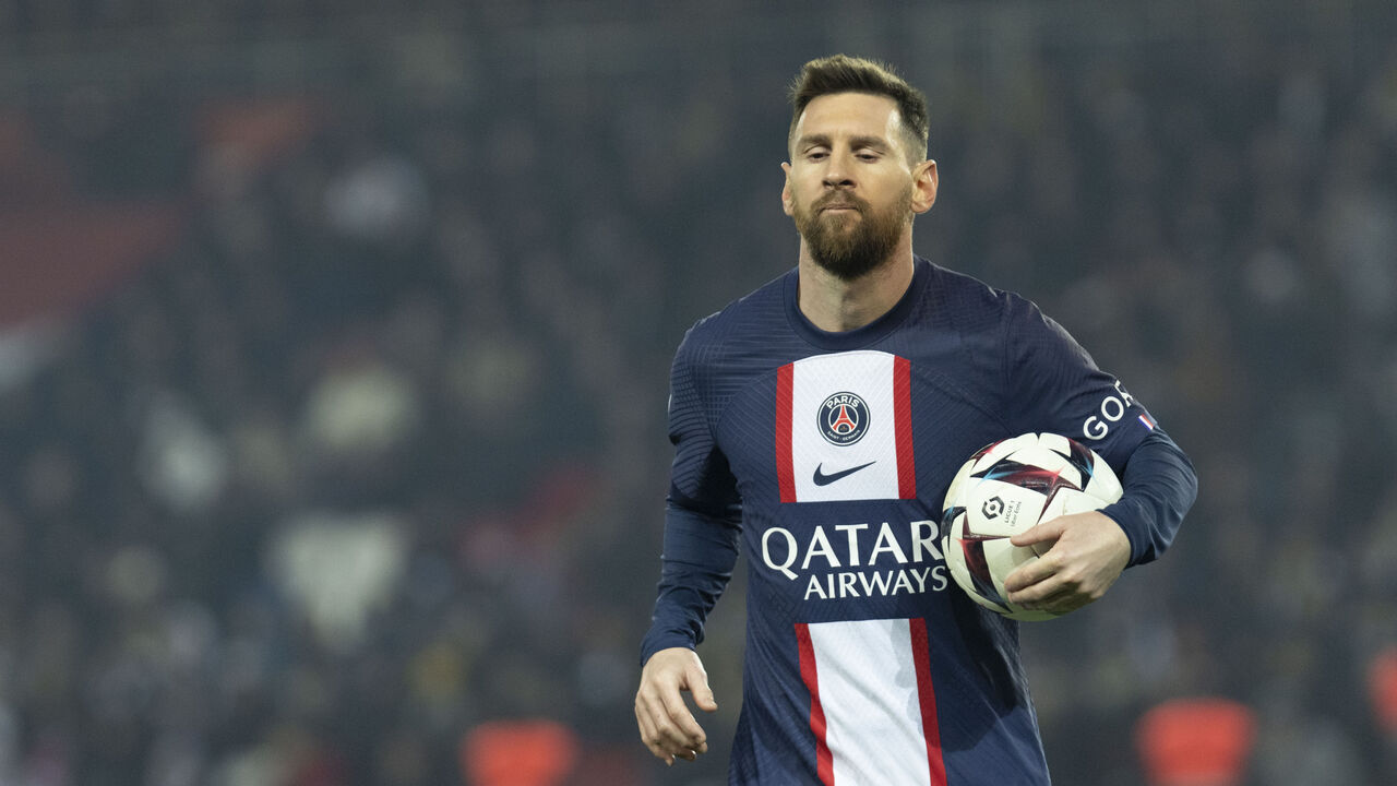 PARIS, FRANCE - APRIL 02: Lionel Messi of PSG during the Ligue 1 match between Paris Saint-Germain and Olympique Lyon at Parc des Princes on April 02, 2023 in Paris, France.