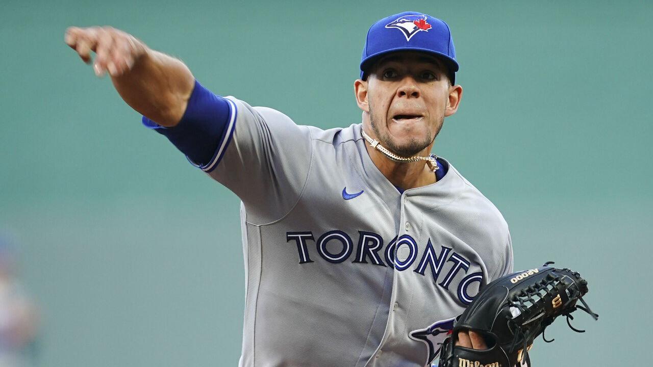 KANSAS CITY, MO - APRIL 03: Jose Berrios #17 of the Toronto Blue Jays pitches against the Kansas City Royals during the first inning at Kauffman Stadium on April 3, 2023 in Kansas City, Missouri.