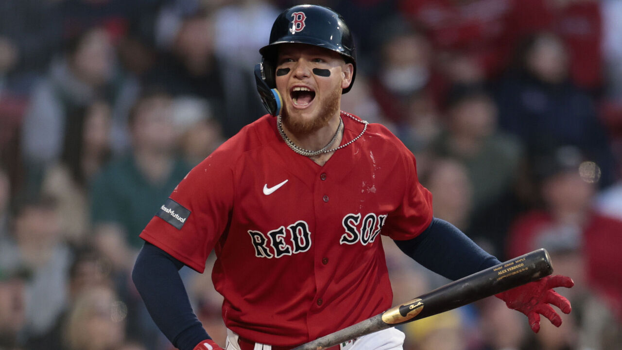 BOSTON, MASSACHUSETTS - APRIL 01: Alex Verdugo #99 of the Boston Red Sox reacts after hitting a fly out during the eighth inning at Fenway Park on April 01, 2023 in Boston, Massachusetts.