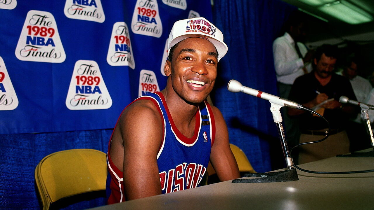 INGLEWOOD, CA - JUNE 13: Isiah Thomas #11 of the Detroit Pistons smiles for the camera during the Postgame Press Conference of game four of the NBA Finals. The Detroit Pistons defeated the Los Angeles Lakers to win the championship at The Great Western Forum on June 13, 1989 in Inglewood, Calfifornia. NOTE TO USER: User expressly acknowledges that, by downloading and or using this photograph, User is consenting to the terms and conditions of the Getty Images License agreement. Mandatory Copyright Notice: Copyright 1989 NBAE