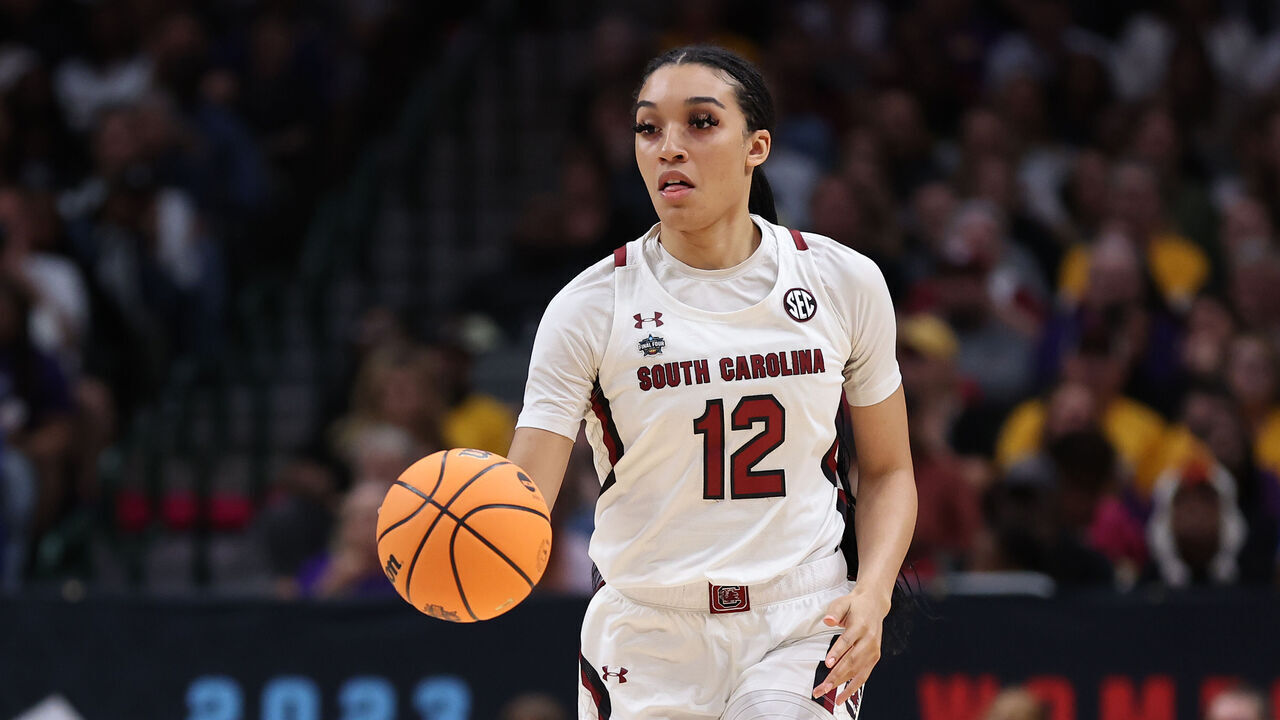 DALLAS, TEXAS - MARCH 31: Brea Beal #12 of the South Carolina Gamecocks dribbles the ball during the first quarter against the Iowa Hawkeyes during the 2023 NCAA Women's Basketball Tournament Final Four semifinal game at American Airlines Center on March 31, 2023 in Dallas, Texas.