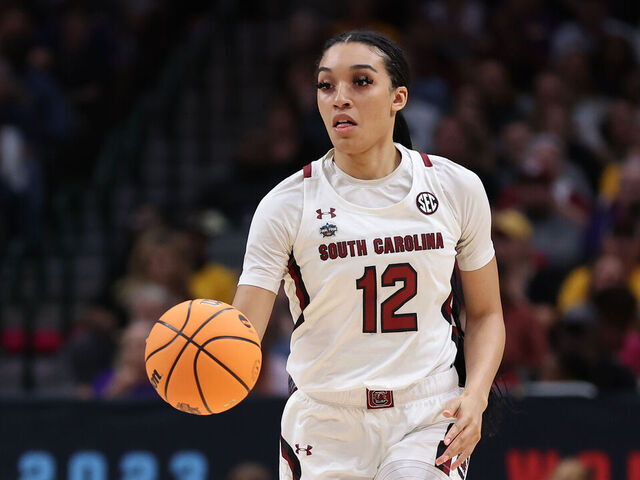 DALLAS, TEXAS - MARCH 31: Brea Beal #12 of the South Carolina Gamecocks dribbles the ball during the first quarter against the Iowa Hawkeyes during the 2023 NCAA Women's Basketball Tournament Final Four semifinal game at American Airlines Center on March 31, 2023 in Dallas, Texas.