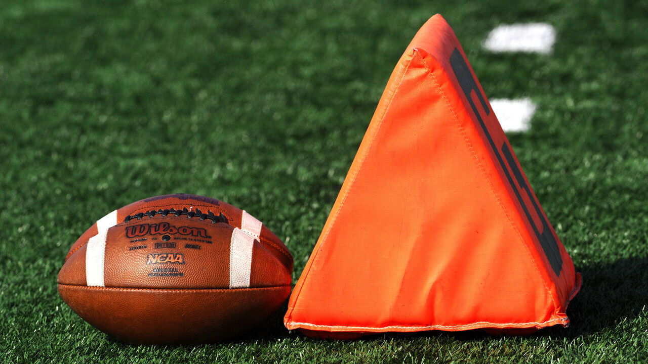 TERRE HAUTE, IN - OCTOBER 22: Two practice footballs sit beside the goal line marker before the Missouri Valley Football Conference (MVFC) game between the Illinois State University Redbirds and the Indiana State University Sycamores, Saturday, October 22, 2022, at Memorial Stadium in Terre Haute, Indiana.