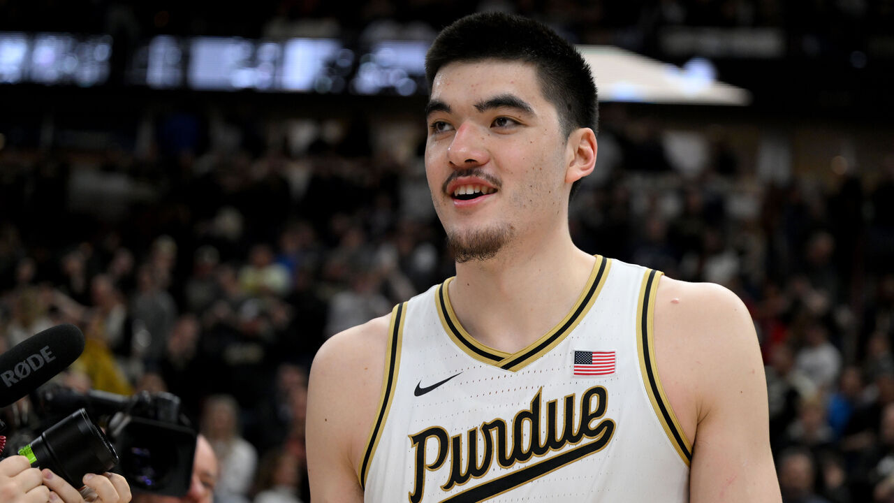 CHICAGO, ILLINOIS - MARCH 12: Zach Edey #15 of the Purdue Boilermakers celebrates after defeating the Penn State Nittany Lions in the Big Ten Basketball Tournament Championship game at United Center on March 12, 2023 in Chicago, Illinois.
