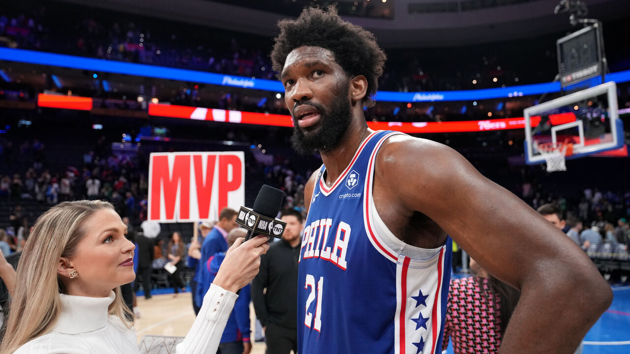 PHILADELPHIA, PA - APRIL 4: Joel Embiid #21 of the Philadelphia 76ers is interviewed after the game against the Boston Celtics on April 4, 2023 at the Wells Fargo Center in Philadelphia, Pennsylvania NOTE TO USER: User expressly acknowledges and agrees that, by downloading and/or using this Photograph, user is consenting to the terms and conditions of the Getty Images License Agreement. Mandatory Copyright Notice: Copyright 2023 NBAE