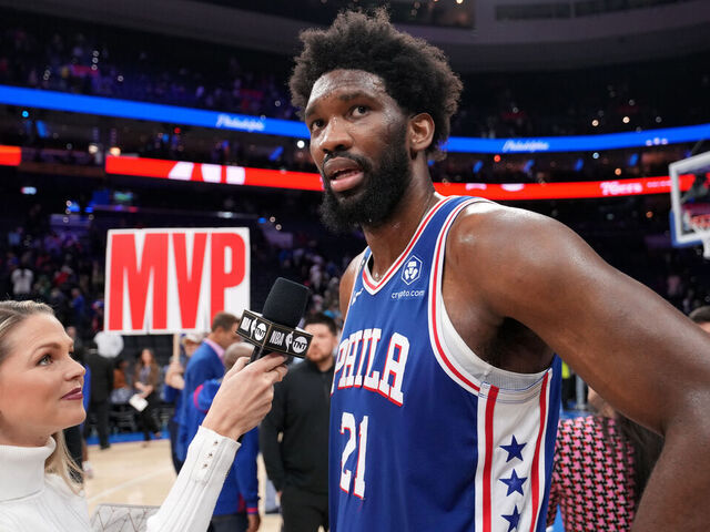PHILADELPHIA, PA - APRIL 4: Joel Embiid #21 of the Philadelphia 76ers is interviewed after the game against the Boston Celtics on April 4, 2023 at the Wells Fargo Center in Philadelphia, Pennsylvania NOTE TO USER: User expressly acknowledges and agrees that, by downloading and/or using this Photograph, user is consenting to the terms and conditions of the Getty Images License Agreement. Mandatory Copyright Notice: Copyright 2023 NBAE