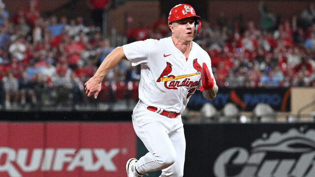 ST. LOUIS, MO - APRIL 03: St. Louis Cardinals center fielder Tyler O'Neill (27) runs to third after a single by St. Louis Cardinals right fielder Jordan Walker (18) during an MLB game between the Atlanta Braves and the St. Louis Cardinals on April 03, 2023, at Busch Stadium, in St. Louis, MO.