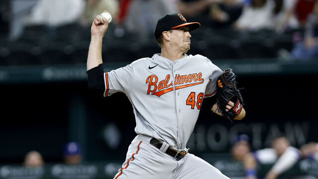 ARLINGTON, TEXAS - APRIL 04: Kyle Gibson #48 of the Baltimore Orioles throws a pitch in the first inning against the Texas Rangers at Globe Life Field on April 04, 2023 in Arlington, Texas.