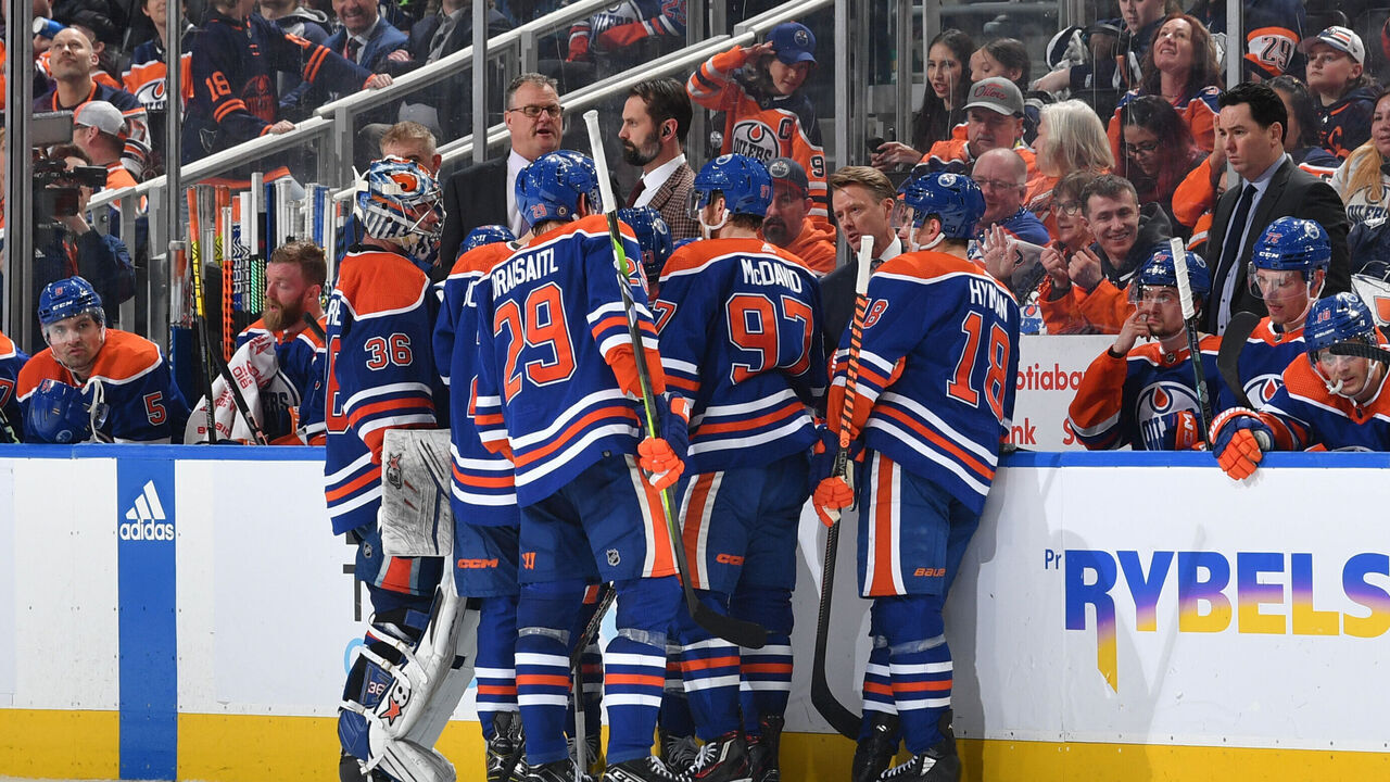 EDMONTON, CANADA - MARCH 20: Jack Campbell #36, Evan Bouchard #2, Ryan Nugent-Hopkins #93, Leon Draisaitl #29, Connor McDavid #97 and Zach Hyman #18 of the Edmonton Oilers talk over the play during a timeout in the third period on March 20, 2023 at Rogers Place in Edmonton, Alberta, Canada.