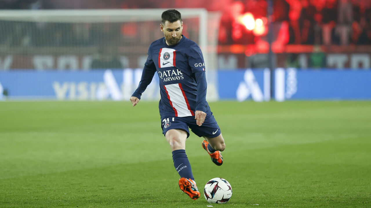 PARIS, FRANCE - APRIL 02: Lionel Messi #30 of Paris Saint-Germain shoots the ball during the Ligue 1 match between Paris Saint-Germain and Olympique Lyonnais at Parc des Princes on April 2, 2023 in Paris, France.
