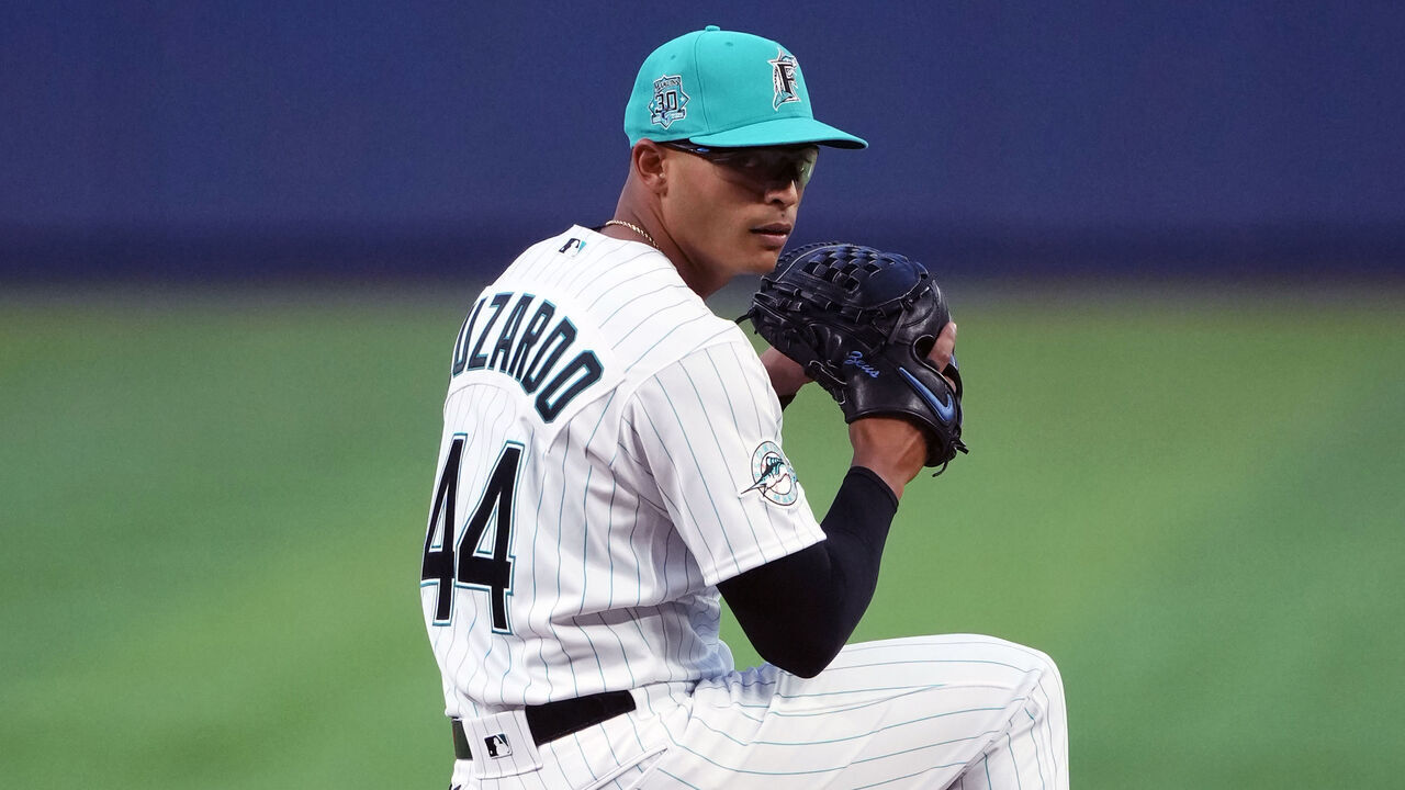 MIAMI, FL - MARCH 31: Jesus Luzardo #44 of the Miami Marlins pitches against the New York Mets at loanDepot park on March 31, 2023 in Miami, Florida.