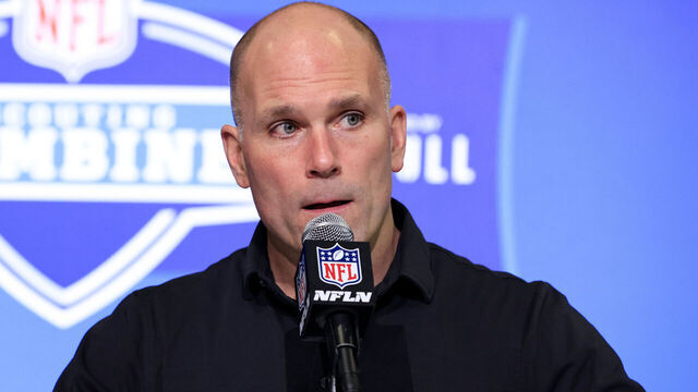 INDIANAPOLIS, INDIANA - MARCH 01: General Manager Eric DeCosta of the Baltimore Ravens speaks to the media during the NFL Combine at Lucas Oil Stadium on March 01, 2023 in Indianapolis, Indiana.