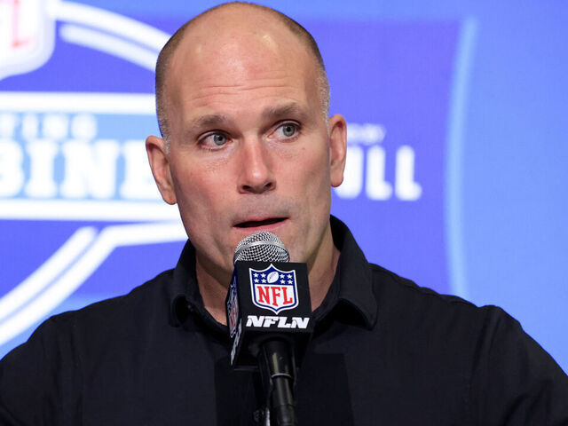 INDIANAPOLIS, INDIANA - MARCH 01: General Manager Eric DeCosta of the Baltimore Ravens speaks to the media during the NFL Combine at Lucas Oil Stadium on March 01, 2023 in Indianapolis, Indiana.