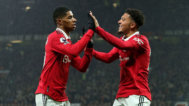 MANCHESTER, ENGLAND - APRIL 05: Marcus Rashford of Manchester United celebrates with teammate Jadon Sancho after scoring the team's first goal during the Premier League match between Manchester United and Brentford FC at Old Trafford on April 05, 2023 in Manchester, England.