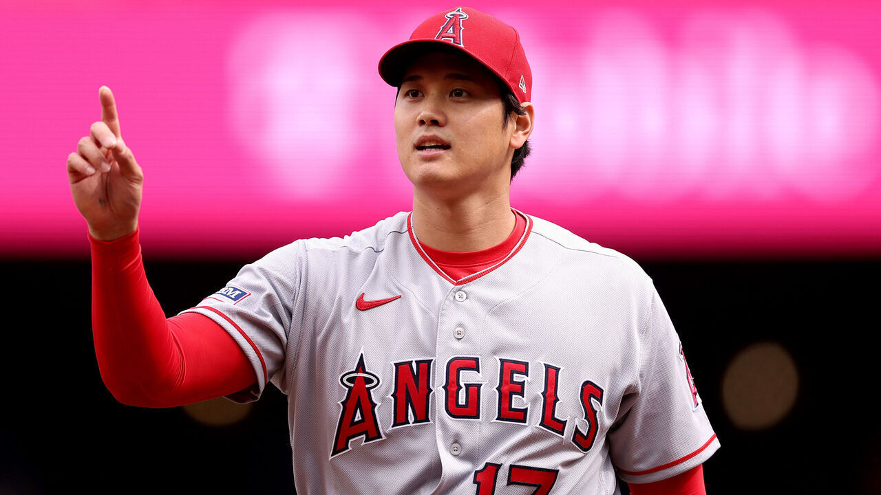 SEATTLE, WASHINGTON - APRIL 05: Shohei Ohtani #17 of the Los Angeles Angels reacts during the first inning against the Seattle Mariners at T-Mobile Park on April 05, 2023 in Seattle, Washington.