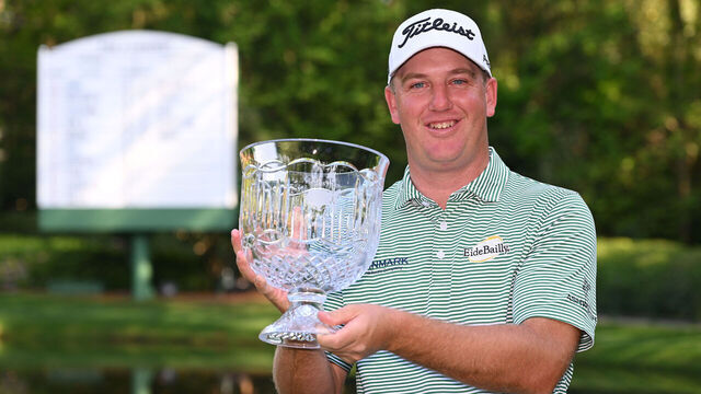 AUGUSTA, GEORGIA - APRIL 05: Tom Hoge of the United States poses with the Par 3 contest trophy after winning prior to the 2023 Masters Tournament at Augusta National Golf Club on April 05, 2023 in Augusta, Georgia.