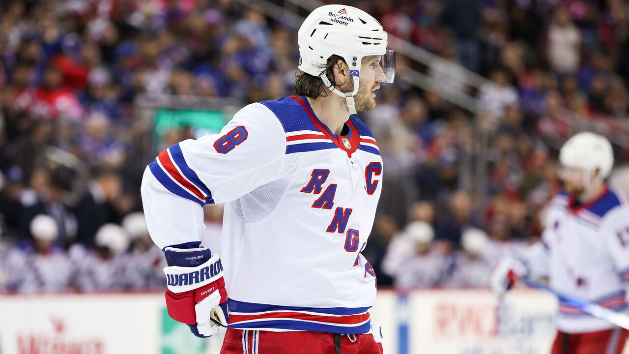 NEWARK, NJ - MARCH 30: New York Rangers defenseman Jacob Trouba (8) looks on during the National Hockey League game between the New York Rangers and the New Jersey Devils on March 30, 2023 at Prudential Center in Newark, NJ.