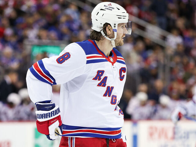 NEWARK, NJ - MARCH 30: New York Rangers defenseman Jacob Trouba (8) looks on during the National Hockey League game between the New York Rangers and the New Jersey Devils on March 30, 2023 at Prudential Center in Newark, NJ.