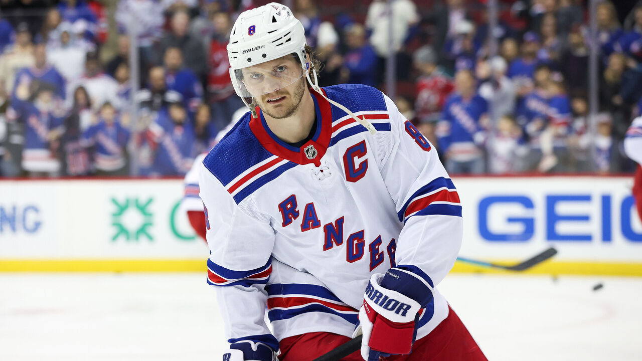 NEWARK, NJ - MARCH 30: New York Rangers defenseman Jacob Trouba (8) warms up prior to the National Hockey League game between the New York Rangers and the New Jersey Devils on March 30, 2023 at Prudential Center in Newark, NJ.