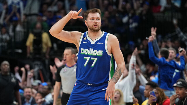 DALLAS, TX - APRIL 5: Luka Doncic #77 of the Dallas Mavericks celebrates during the game against the Sacramento Kings on April 5, 2023 at the American Airlines Center in Dallas, Texas. Mandatory Copyright Notice: Copyright 2023 NBAE