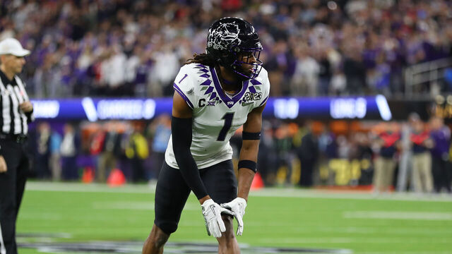 INGLEWOOD, CA - JANUARY 09: TCU Horned Frogs wide receiver Quentin Johnston (1) during the Georgia Bulldogs game versus the TCU Horned Frogs in the College Football Playoff National Championship game on January 9, 2023, at SoFi Stadium in Inglewood, CA.
