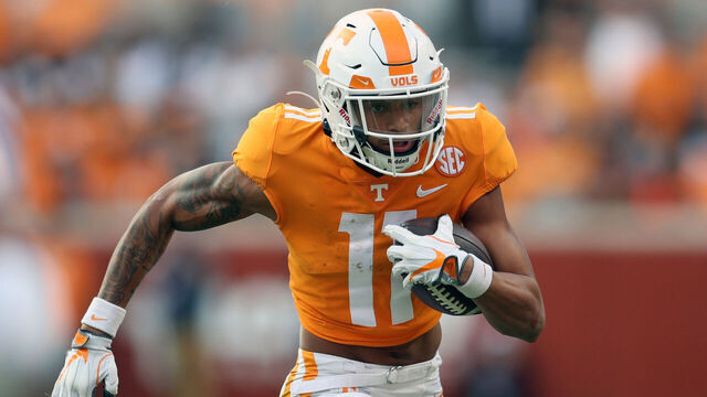 KNOXVILLE, TENNESSEE - SEPTEMBER 24: Jalin Hyatt #11 of the Tennessee Volunteers runs with the ball against the Florida Gators at Neyland Stadium on September 24, 2022 in Knoxville, Tennessee. Tennessee won the game 38-33.