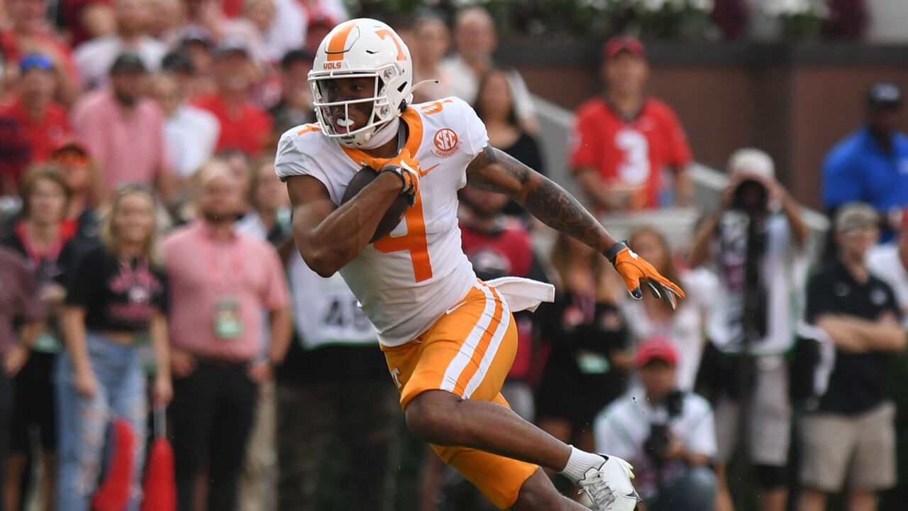 ATHENS, GA - NOVEMBER 05: Tennessee Volunteers Wide Receiver Cedric Tillman (4) rushes the ball during the college football game between the Tennessee Volunteers and the Georgia Bulldogs on November 05, 2022, at Sanford Stadium in Athens, GA.