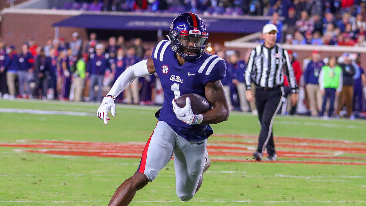OXFORD, MS - NOVEMBER 24: Mississippi Rebels wide receiver Jonathan Mingo (1) runs the game between the Ole Miss Rebels and the Mississippi State Bulldogs on November 24, 2022 at Vaught-Hemingway Stadium in Oxford, MS.