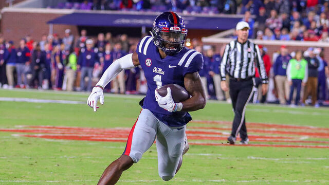 OXFORD, MS - NOVEMBER 24: Mississippi Rebels wide receiver Jonathan Mingo (1) runs the game between the Ole Miss Rebels and the Mississippi State Bulldogs on November 24, 2022 at Vaught-Hemingway Stadium in Oxford, MS.
