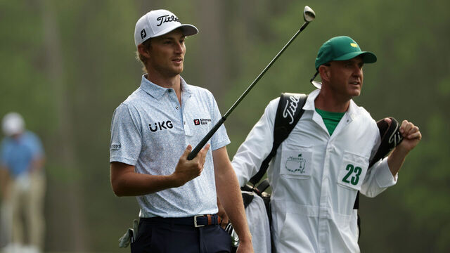 AUGUSTA, GEORGIA - APRIL 05: Will Zalatoris of the United States talks with his caddie Joel Stock on the 11th hole during a practice round prior to the 2023 Masters Tournament at Augusta National Golf Club on April 05, 2023 in Augusta, Georgia.